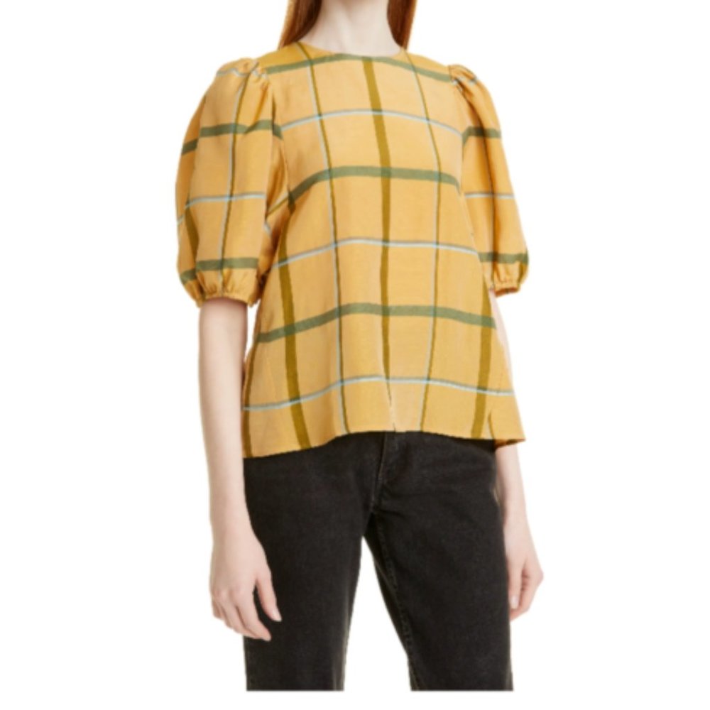 $190 SAMSOE SAMSOE ORION PLAID PUFF SLEEVE BLOUSE TOP SIZE S SMALL